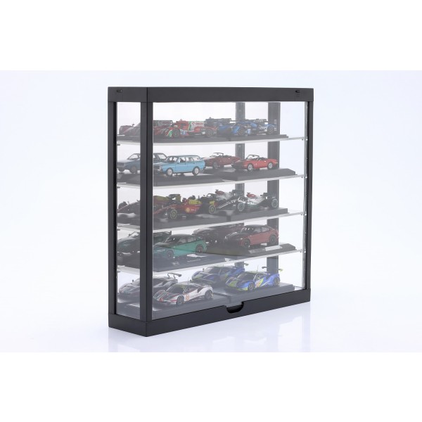 Display case with LED lighting and mirror for model cars on a scale of 1/43, 1/64 black