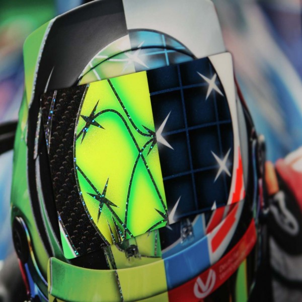 Mick Schumacher picture with handpainted carbon plate helmet 2017