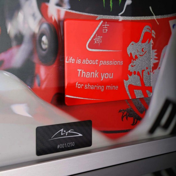 Foto di Michael Schumacher con lastra di carbonio dipinta a mano citazione Casco finale 2012