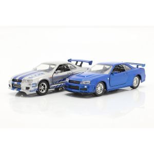 Fast & Furious 2-Car-Set Brians`s Nissan Skyline GT-R azul / plata 1/32