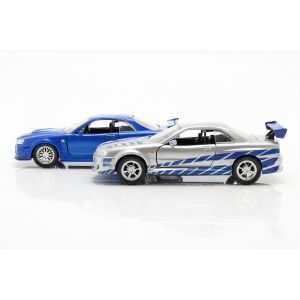 Fast & Furious 2-Car-Set Brians`s Nissan Skyline GT-R blue / silver 1/32